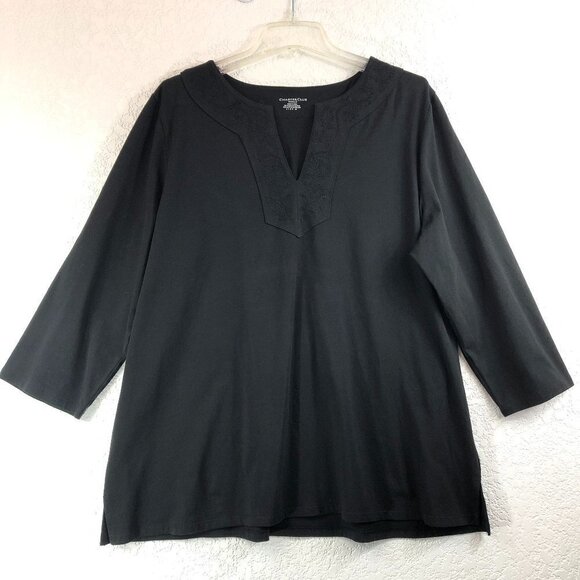 Charter Club Black 3/4 Sleeve V-Neck Blouse With Embroidered Neckline - Picture 1 of 5